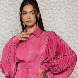 Hot Pink Satin Women SZ Sm Button‎ down pleated balloon sleeve blouse rave disco